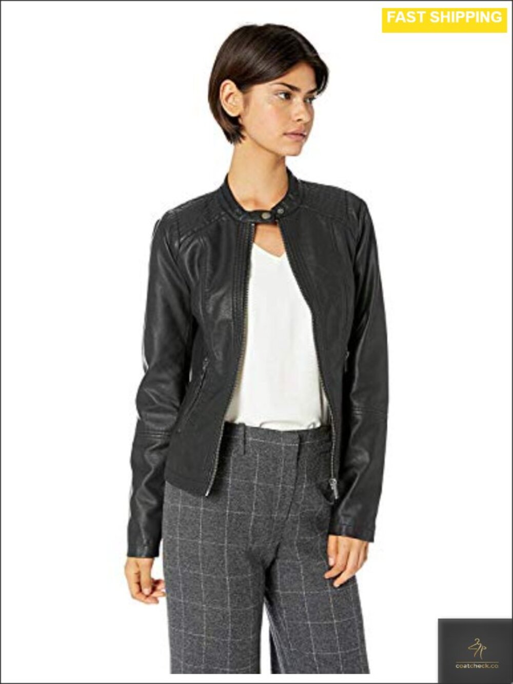 Faux Leather Moto Jacket with Zip Pockets & Stretch Panels